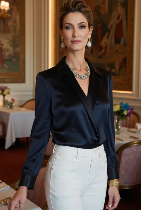 badass clothing: She is wearing white tailored pants and a dark blue satin dress shirt., a subtle train that adds a touch of drama and elegance to the look.  a diamond belt that highlights the waist and adds a subtle sparkle.

Accessories: She wears an ele...