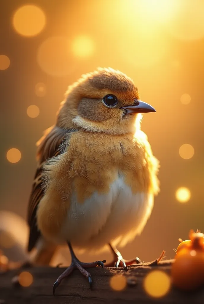 Un portrait en gros plan captivant d'un joli petit oiseau illuminé par la douce lumière dorée d'un matin tranquille, avec des boules de bokeh vibrantes encadrant délicatement sa forme délicate.