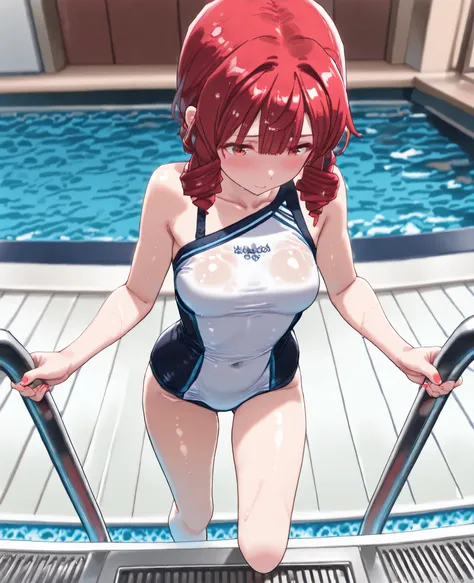 shy anime girl, front view, full body, standing at poolside, extremely busty, J-cup size, wearing a pure white one-piece racing swimsuit, ultra high-leg, one-shoulder design, extremely thin fabric, wet and clinging tightly to body, visibly large bust conto...