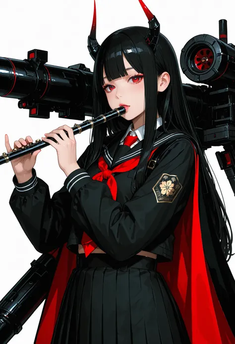 Japanese school uniform girl. Black hair. Long hair. Straight bangs. Black costume. Red eyes. One-sided cape. Plays a flute. One-sided horn. Missile launcher. Fusion with a mechanical monster.
