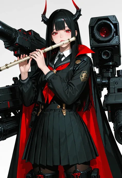 Japanese school uniform girl. Black hair. Long hair. Straight bangs. Black costume. Red eyes. One-sided cape. Plays a flute. One-sided horn. Missile launcher. Fusion with a mechanical monster.