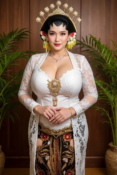 Bbw womwn chubby in kebaya dress, open breast full body