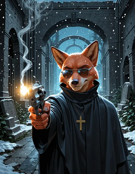 nick wilde, cross necklace, priest, gold and black cloak, sunglasses, holding revolver, portrait, action pose, serious face, smoking, half-length portrait, [high-angle view::0.1], BREAK, masterpiece, best quality, [:by Duskihorns, by Youjomodoki:0.15], det...