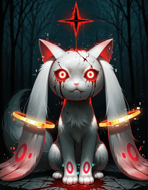 solo feral kyubey, glitch creature, shadow creature, glowing eyes, half-length portrait, sitting, front view, BREAK, masterpiece, best quality, glitch, detailed background, ambient silhouette, depth of field, horror \(theme\), dark place, [:tree:0.15], red...