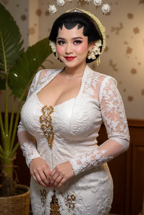 Bbw womwn chubby in kebaya dress, open breast full body