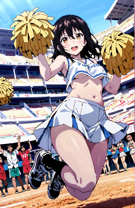 Yukina Himeragi,medium hair, solo,black hair, brown eyes in the bedroom, smile,blush,opens his mouth,Medium breast,(cheerleading), (full body),  on chest, (sweated), sweated Wet Clothes, (white clothes),sleeveless, pleated skirt,black socks,sneakers,belly ...