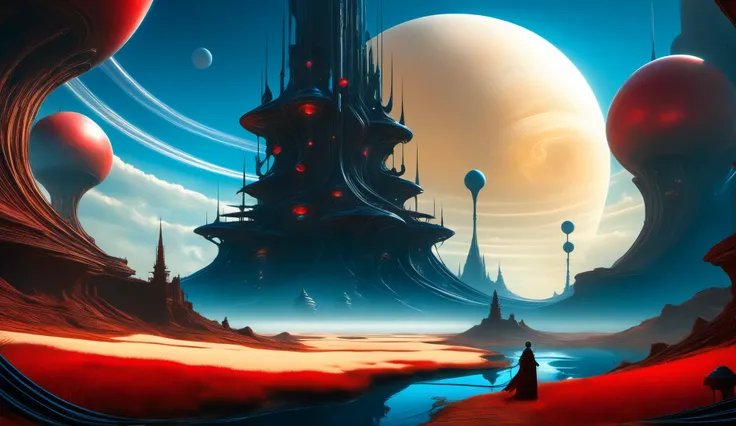 floating alien castles, surreal sky realm, twisted gravity-defying architecture, surreal twilight with twin suns, magnetic fields and energy pulses, glowing color-infused materials, electric blue highlights, wheat and khaki stone textures, dark candy apple...