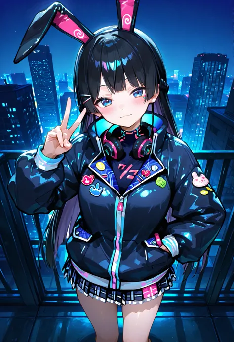 748cmstyle。Tsukino Mito (Nijisanji)、cyberpunk。cyber jacket。Cyber Rooftop。sideways。Gadgets。headset。antennae rabbit ears。black hair。Neon Skirt。sticker seal。long jacket。skyscraper。from above。peace sign