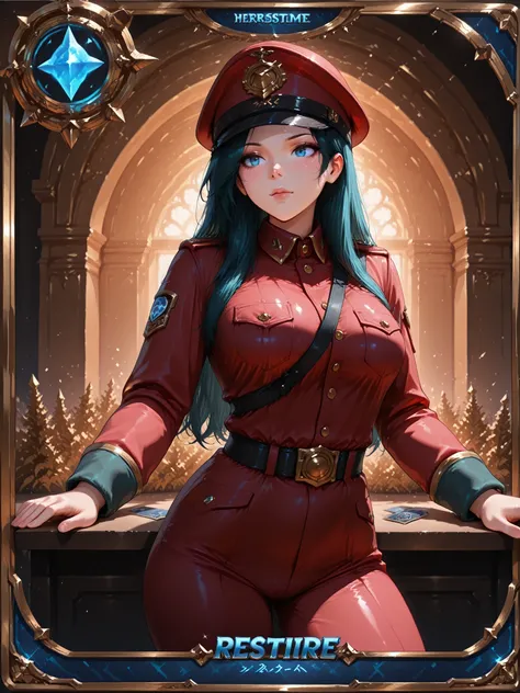 (out frame is game card),hearthstone_card, glitter processing, (1girl, female soldier,red military uniform )