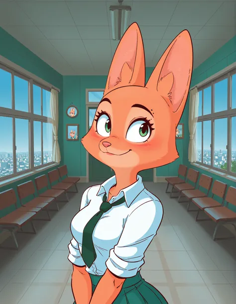 Diane Foxington, , , ginger skin, emerald eyes, school uniform , blush, look at the spectator , Smiles, Interiors, alone, by diives