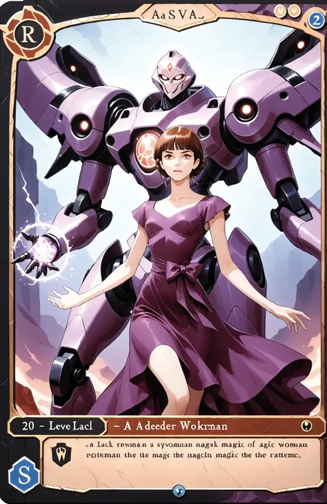 A slender woman with short red-brown hair bangs cut at eyebrow level lack braid hair tied back with a bow, wearing a purple dress, in front of a mecha, in full view in the style of a Magic The Gathering card