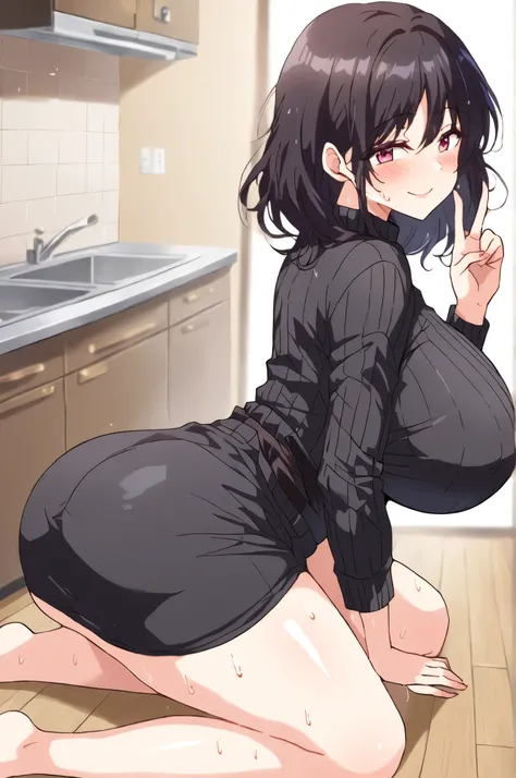 masterpiece, 4k, detailed, clarity, anime_source, source_anime, Best background, detailed background, anime, Sera's mother, short skirts, blush, clothed woman, mature female, collector, dark hair, Alone , ribbed sweater, smile, sweater, turtleneck, horny, ...