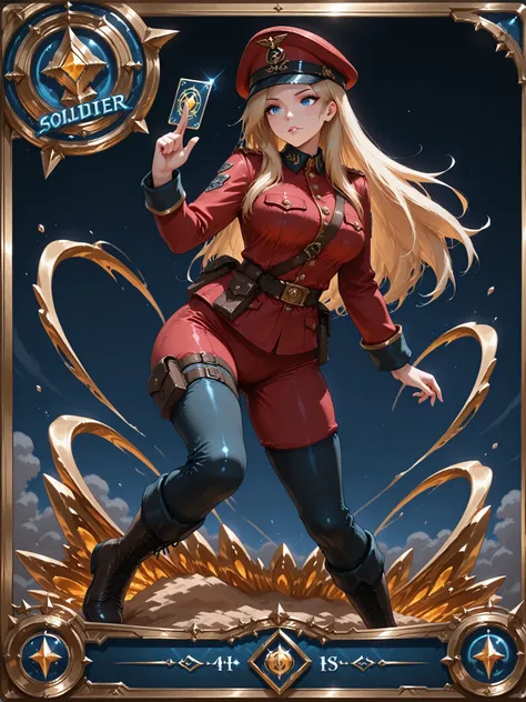 female soldier,(1girl,gold long hair, red military uniform, Flat-soled military boots ,military cap), hearthstone_card, glitter processing