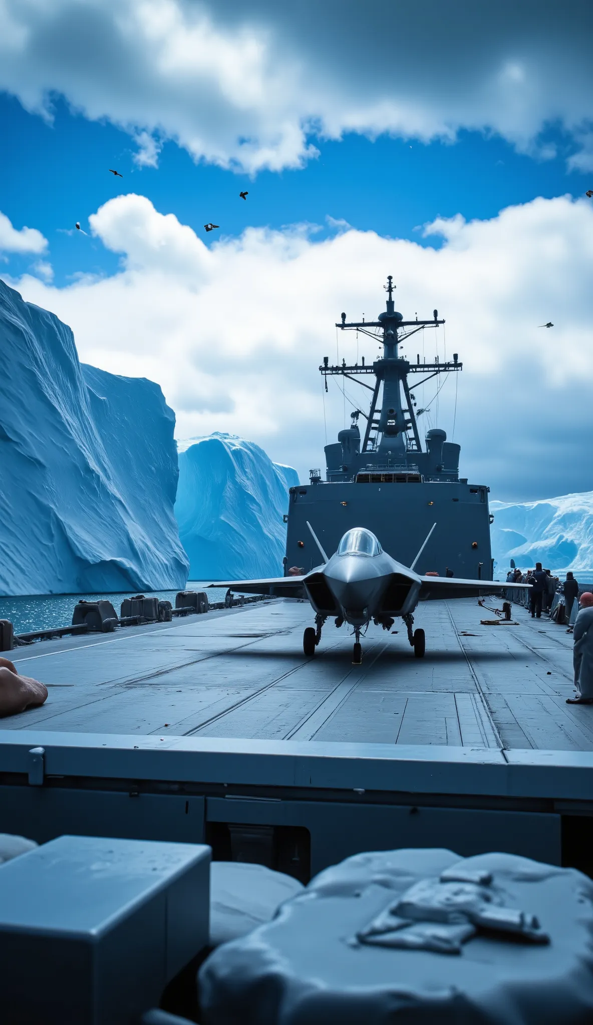 high resolution images、high-definition image of an American class amphibious assault ship、creative image of Antarctica、Antarctic glaciers 、Antarctic seabirds are also flying、F-35B is on alert flight、under a dramatic blue sky((Famous Paintings))、F-35B(1 Ame...