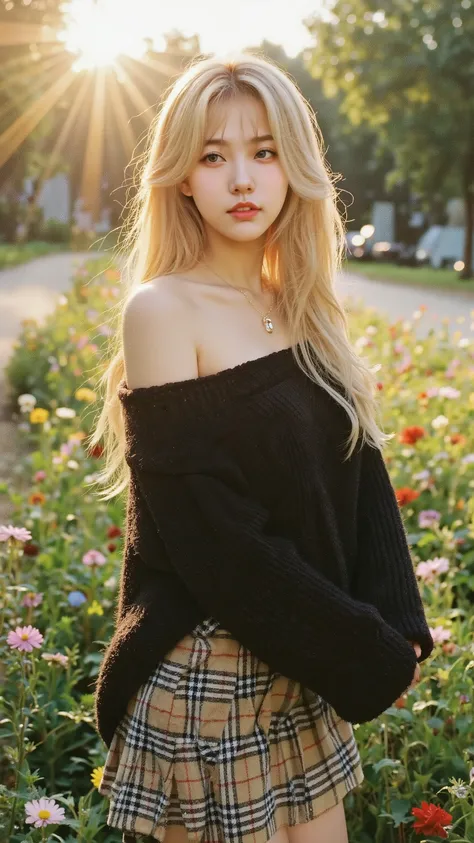 wonderful beauty , blonde shiny silky hair, Lagherata ( Lagherata of Viking ) , charming eyes , excellent body proportions, black wide open shoulderless crop top oversized knit fluffy girlish sweater, Burberry check flared skirt, black thigh-length boo...
