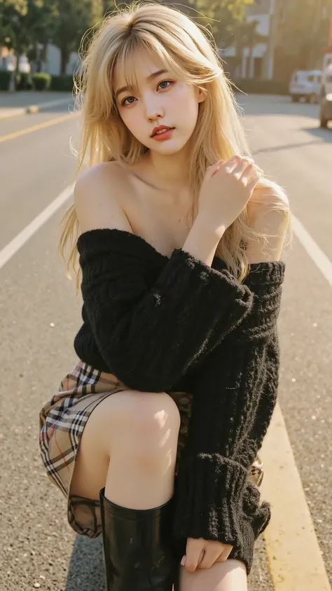 wonderful beauty , blonde shiny silky hair, Lagherata ( Lagherata of Viking ) , charming eyes , excellent body proportions, black wide open shoulderless crop top oversized knit fluffy girlish sweater, Burberry check flared skirt, black thigh-length boo...