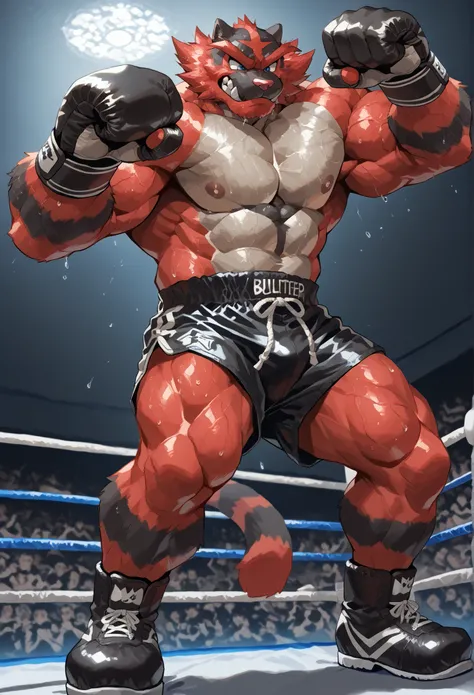 4K, masterpiece quality, pov_boxing, Looking down on the losers with brutal triumph, black boxing shoes, black boxing gloves, black boxing trunks with red side lines, full body, depth of field, boxing, dynamic victory pose, fist pump pose, boxing ring back...