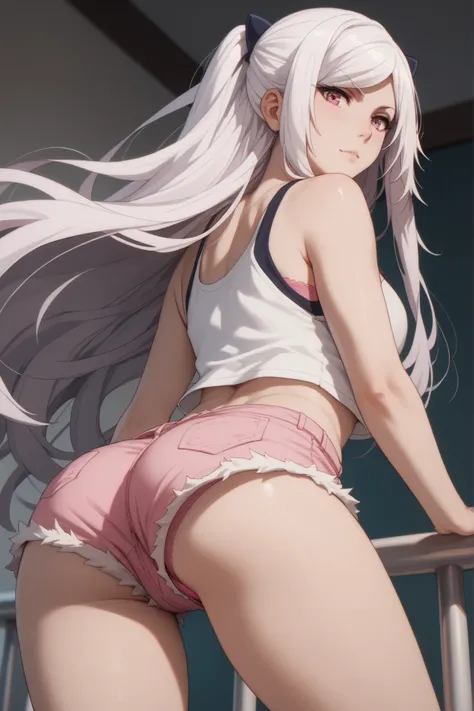 obra-prima , Best Quality, 1,Alexia Midgar,upshorts, Look at the pink panties , with your back ,Very wide shorts showing part of the panties, shorts jeans preto , looking at the viewer , white hair