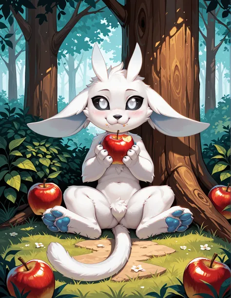 masterpiece, best quality, highres, very aesthetic, absurdres, newest, 1boy, solo, male, furry, ori_il, ori, tail, black sclera, white eyes, paws, feral, chibi, food, apple, solo, blush, male focus, furry, eating, sitting, looking at viewer, holding, furry...