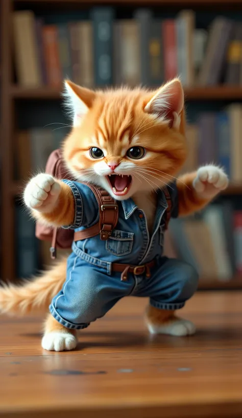 A fierce orange tabby fluffy kitten dressed in a denim outfit and backpack, striking a powerful martial arts pose on top of a wooden table in a school library. The kitten is mid-action, one paw extended in a punch, baring its teeth and growling with intens...