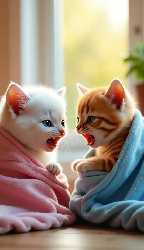 Two furious kittens wrapped in soft pastel blankets — one in pink, one in blue — sit on a wooden surface, facing each other with angry expressions. The white kitten with blue eyes and the orange tabby with green eyes are locked in a heated stare, both hiss...