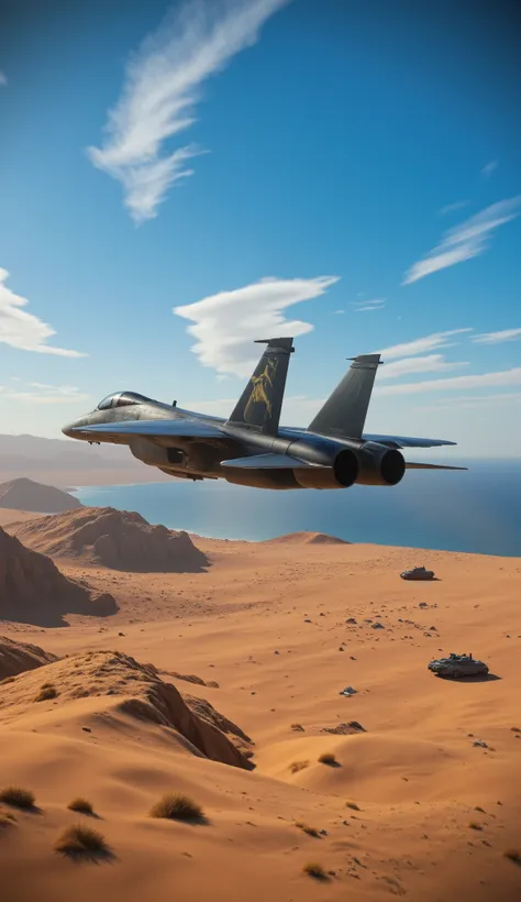 high resolution images、護衛任務中のF-14マーベリックのhigh resolution images、creative image、flying low in the desert near Baghdat near Iran(escorting M-1 Abrams)、F-14 during a surveillance flight、passing close to the ground(Famous Paintings))、under dramatic blue skies F...