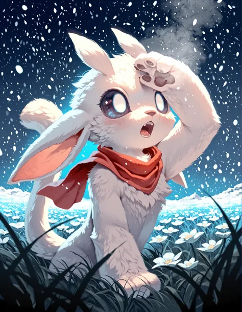 ori_il, ori, solo furry, no human, guardian spirit, ori \(ori\), white body, big eyes, half-length portrait, fluffy, curious, happy, open mouth, head up, particles, raised one hand on forehead, red scarf, steamy breath, BREAK, masterpiece, best quality, h...
