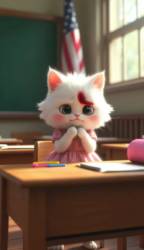 A heart-wrenching scene of a white fluffy kitten sitting at a school desk in a vintage-style classroom. She wears a soft pink dress and has a visible red bruise on her forehead, just above her eyes. Her eyes are filled with tears, and she holds her tiny pa...