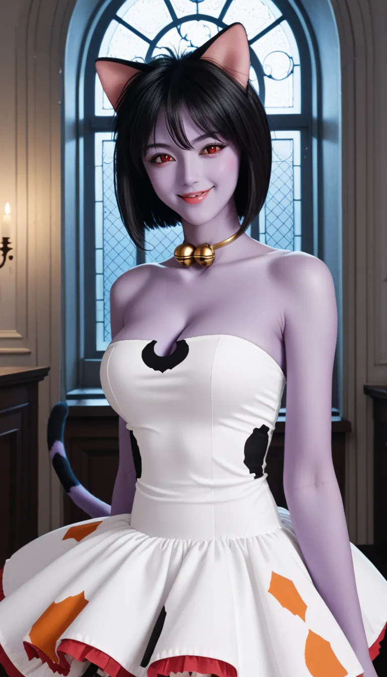 score_9, score_8_up, score_7_up,((best quality)), absurdres, NKNUPXL,purple skin, black hair, short hair, dress, white dress, bareshoulders, sleeveless, red eyes, thighhighs, white thighhighs, polka dot thighhighs, jewelry, collar, neck bell, polka dot dress, animal ears, cleavage, bare shoulders,cat tail,  slim, , inside, mansion, night,smile,large breasts,upper body shot,portrait,very close,incoming kiss
