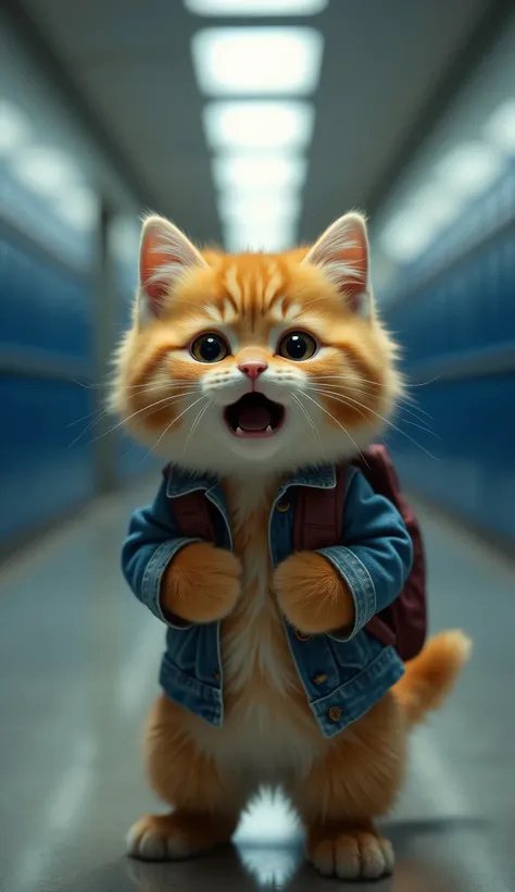 A dramatic school hallway scene featuring an orange tabby fluffy kitten standing frozen in shock. The fluffy kitten is wearing a denim jacket and backpack, clutching the straps tightly with both paws. His wide eyes and slightly open mouth show intense fear...