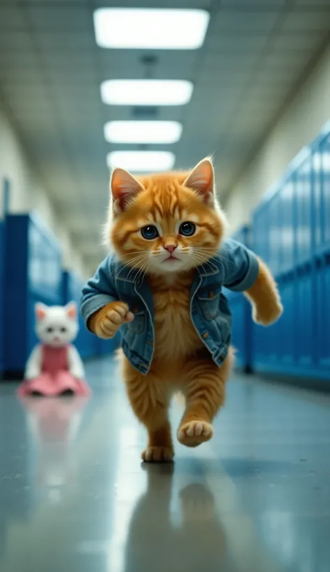 An emotional scene of an orange tabby fluffy kitten running down a school hallway, wearing a denim jacket. His face shows a mix of urgency, worry, and regret as he rushes forward. In the background, blurred but visible, a sad white kitten in a pink dress i...