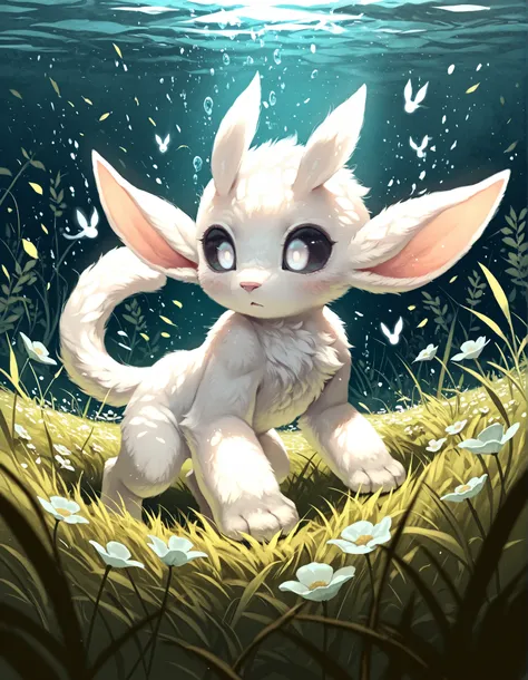 ori_il,ori, tail, black sclera, white eyes,  solo furry, no human, guardian spirit, ori \(ori\), white body, big eyes, half-length portrait, fluffy, curious, hand down, happy, particles, swimming, BREAK, masterpiece, best quality, high quality, light, [by ...