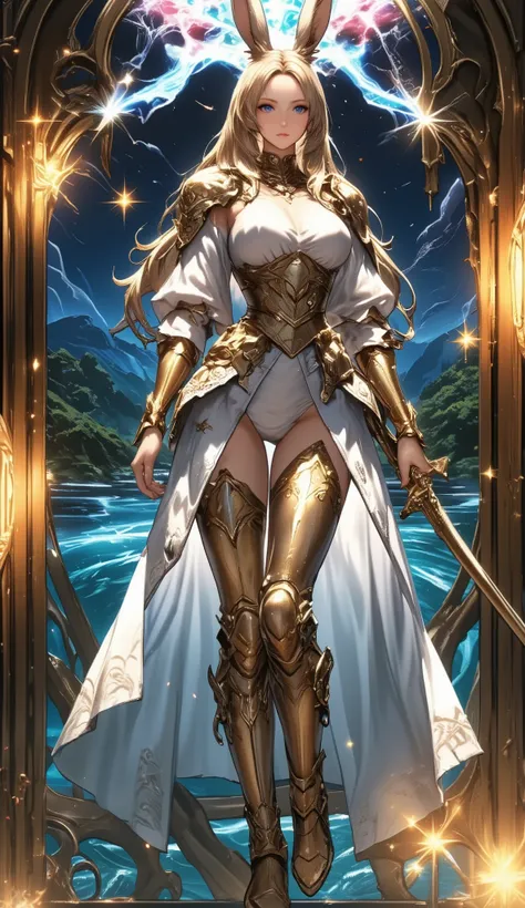 (傑作, 最高品質:1.2), (Game card:1.8), Game card, rare card awakening waiting, , ((five golden star marks in a row:1.8)),hologram, limited illustration, collector's edition, golden shining border, beautiful Viera warrior, warrior of light, Final Fantasy style, b...