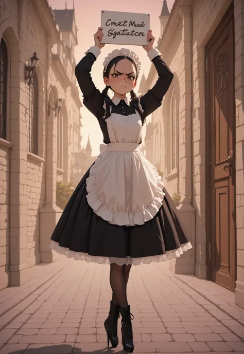 (masterpiece), best quality, amazing quality, very aesthetic, absurdres, outdoors, evening, gothic mansion, door, grumpy maid, black hair, pigtails, perfect face, forehead, small eyebrows, brown eyes, small nose, looking at viewer, glare, scowl, petite, sl...