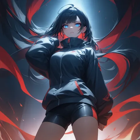  ((extreme quality)), ((Masterpiece)), (( Enrich the picture, Masterpiece level quality)), black hair , Mid-length Layers hair, medium breasts , blue eyes , extreme eyes details, fierce woman, raw 4k, perfect proportions , extreme hair detailed, extreme cloth detailed, extreme detailed , extreme background detailed, Movie scene, Realistically, Extreme Realistically, extreme resolution, ((great effect to highlight the subject)) , ( cinematic lighting , moody , textile shading) , perfect proportions , extreme detailed , volumetric lighting , soft lighting , glossy skin, glossy hair, beautiful face , extreme face details, Detailed facial features , Long eyelashes, Incredible atmosphere, Fascinating setting, dynamic pose, red eyeliner, ear rings , Nose Piercing, dark , caustics , colorful , gorgeous light and shadow, basketball, street basketball, black jacket, black shorts, Shooting basketball pose, very angry face, very angry eyes, hips up,