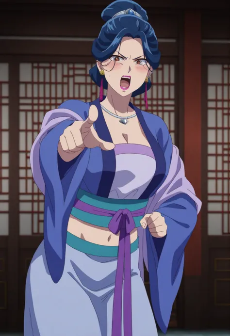 1girl,solo,mm,mature female,earrings,brown eyes,blue hair,lipstick,,single hair bun,hair ornament,large breasts,anime coloring,
necklace,hanfu,japanese clothes,sash,pointing at viewer, open mouth, angry, cowboy shot, indoors
,masterpiece,best quality,amazi...