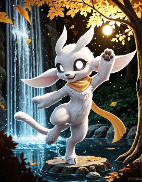 solo, ori_il,ori, tail, black sclera, white eyes, ori \(ori\), guardian spirit, fluffy, happy, big eyes, [chibi::0.04], white body, white hooves, looking at viewer, yellow scarf, dancing, BREAK, masterpiece, best quality, high quality, [[:by Nettsuu, by Na...