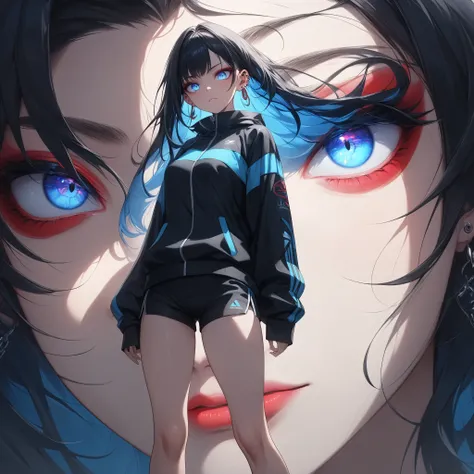  ((extreme quality)), ((Masterpiece)), (( Enrich the picture, Masterpiece level quality)), black hair , Mid-length Layers hair, medium breasts , blue eyes , extreme eyes details, fierce woman, raw 4k, perfect proportions , extreme hair detailed, extreme cloth detailed, extreme detailed , extreme background detailed, Movie scene, Realistically, Extreme Realistically, extreme resolution, ((great effect to highlight the subject)) , ( cinematic lighting , moody , textile shading) , perfect proportions , extreme detailed , volumetric lighting , soft lighting , glossy skin, glossy hair, beautiful face , extreme face details, Detailed facial features , Long eyelashes, Incredible atmosphere, Fascinating setting, dynamic pose, red eyeliner, ear rings , Nose Piercing, dark , caustics , colorful , gorgeous light and shadow, basketball, street basketball, black jacket, black shorts, Aimming basketball pose, very angry face, very angry eyes, hips up,