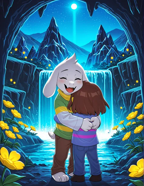 (by Kyoto Animation, by Christopher Balaskas, by Glacierclear, by Sususuigi), (duo toony chibi, frisk \(undertale\), asriel dreemurr, hug:1.25), shirt, pants, front view, (three-quarter portrait:1.25), arms above head, holding flower, happy, close-up, BREA...