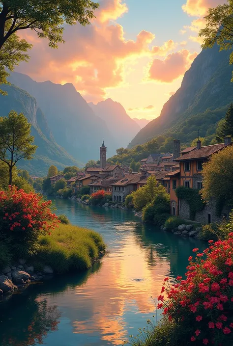 a small village by the river, mountains in the background, floral flowers colorful, detailed landscape, Beautiful natural landscapes, atmospheric lighting, scorching sunset, warm colours, practical, photopractical, Detailed Foliage, complex buildings, cobblestone street, Charming country house, swirly vibrant colors, lush vegetation, Still water reflections, Picturesque, idyllic, work of art, best qualityer, 8k, extremely detaild,anime styling