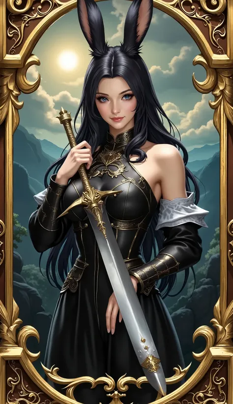 (傑作, 最高品質:1.2), (Game card:1.8), ((five golden star marks printed in a row on the top of the card,:1.8)),, rare card awakening waiting, , hologram, limited illustration, collector's edition, golden shining border, beautiful Viera warrior, warrior of light,...