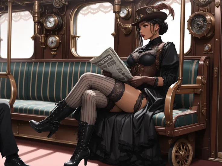 masterpiece, best quality, very aesthetic, absurdres, impressionist oil painting, steampunk, victorian, gothic, train interior, solo focus, from side, Latina aristocrat, mature, dark skin, perfect face, brown eyes, lipstick, cleft chin, side-glace, black h...