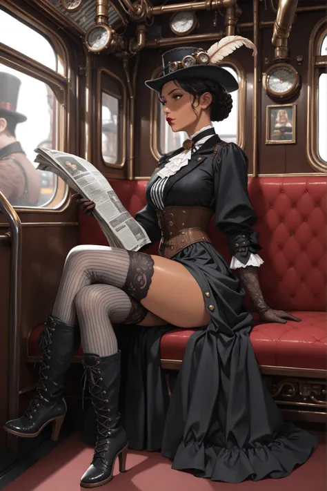 masterpiece, best quality, very aesthetic, absurdres, impressionist oil painting, steampunk, victorian, gothic, train interior, solo focus, from side, Latina aristocrat, mature, dark skin, perfect face, brown eyes, lipstick, cleft chin, side glace, black h...