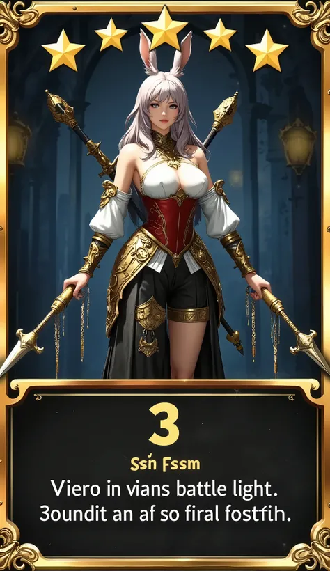 (傑作, 最高品質:1.2), (Game card:1.8), ((five golden star marks printed in a row on the top of the card,:1.8)),, rare card awakening waiting, , hologram, limited illustration, collector's edition, golden shining border, beautiful Viera warrior, warrior of light,...