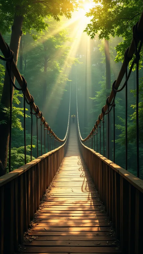 high-resolution photograph of a suspension bridge stretching into a dense forest, captured from a low central perspective at the base of the entrance, bridge constructed from wooden planks and supported by thick ropes and sturdy vertical pillars, surrounding forest lush and vibrant with dense green foliage on both sides, leaves forming a natural canopy overhead, sunlight filters through branches creating radiant beams and lens flare, particularly visible in the top right corner where the sun peeks through, perspective lines of the bridge draw the viewer’s eye toward the vanishing point at the forest’s heart, atmosphere tranquil and immersive, inviting exploration or introspection, bridge surface shows subtle textures of wood grain, shadows from railings and foliage dapple the path. Composition emphasizes symmetry and depth, using converging lines to create visual harmony, lighting natural and balanced, highlights the contrast between light and shadow, no people or artificial elements visible beyond the bridge structure, reinforcing purity of scene, ideal for adventure, travel, or mindfulness-themed visuals, rich greens dominate the palette, complemented by warm browns and golden light accents, photographic style replicates DSLR clarity with wide dynamic range and shallow depth of field beyond the bridge. Forest appears untouched, enhancing the sense of isolation and serenity, slight moss and leaf debris visible on wood surface add realism, edges of image naturally vignetted by trees, directing focus inward, shot designed for immersive storytelling or conceptual journey motifs, suitable for meditation guides, digital wallpapers, or cinematic backdrops.