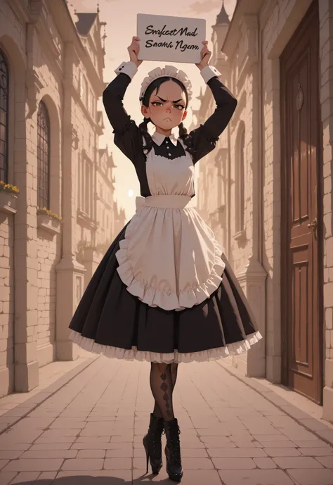 (masterpiece), best quality, amazing quality, very aesthetic, absurdres, outdoors, evening, gothic mansion, door, grumpy maid, ballet-boots, black hair, pigtails, perfect face, forehead, small eyebrows, brown eyes, small nose, looking at viewer, glare, sco...