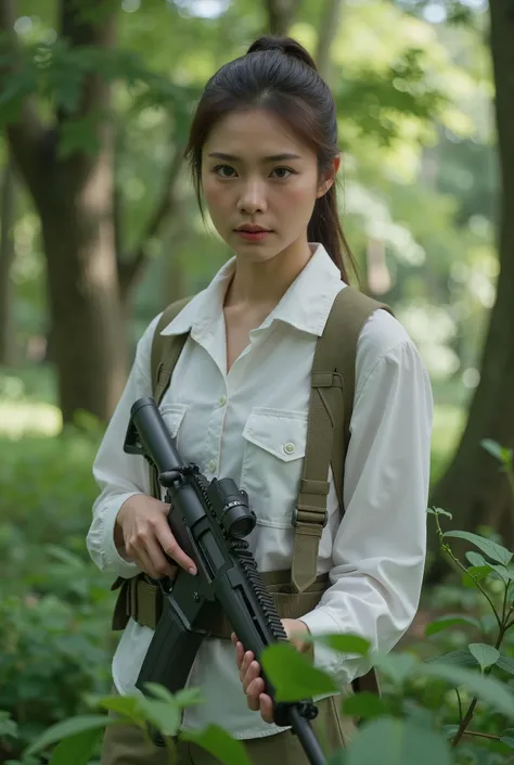picture from hollywood movie, action image, beautiful asian actress, white and luminous skin, slender figure, sharpen eyes, wearing hiking outfit with white shirt, holding riffle gun, standing inside primeval forest, photorealism