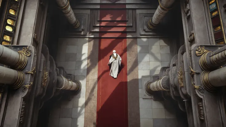 Top view ,Camera vertical ground-down aerial view,High viewing angle,The camera takes a bird's-eye view from the top of the person's head,Bird's-eye view,The image depicts a bird's-eye view of a cathedral-like interior with large tiled floors and majes...