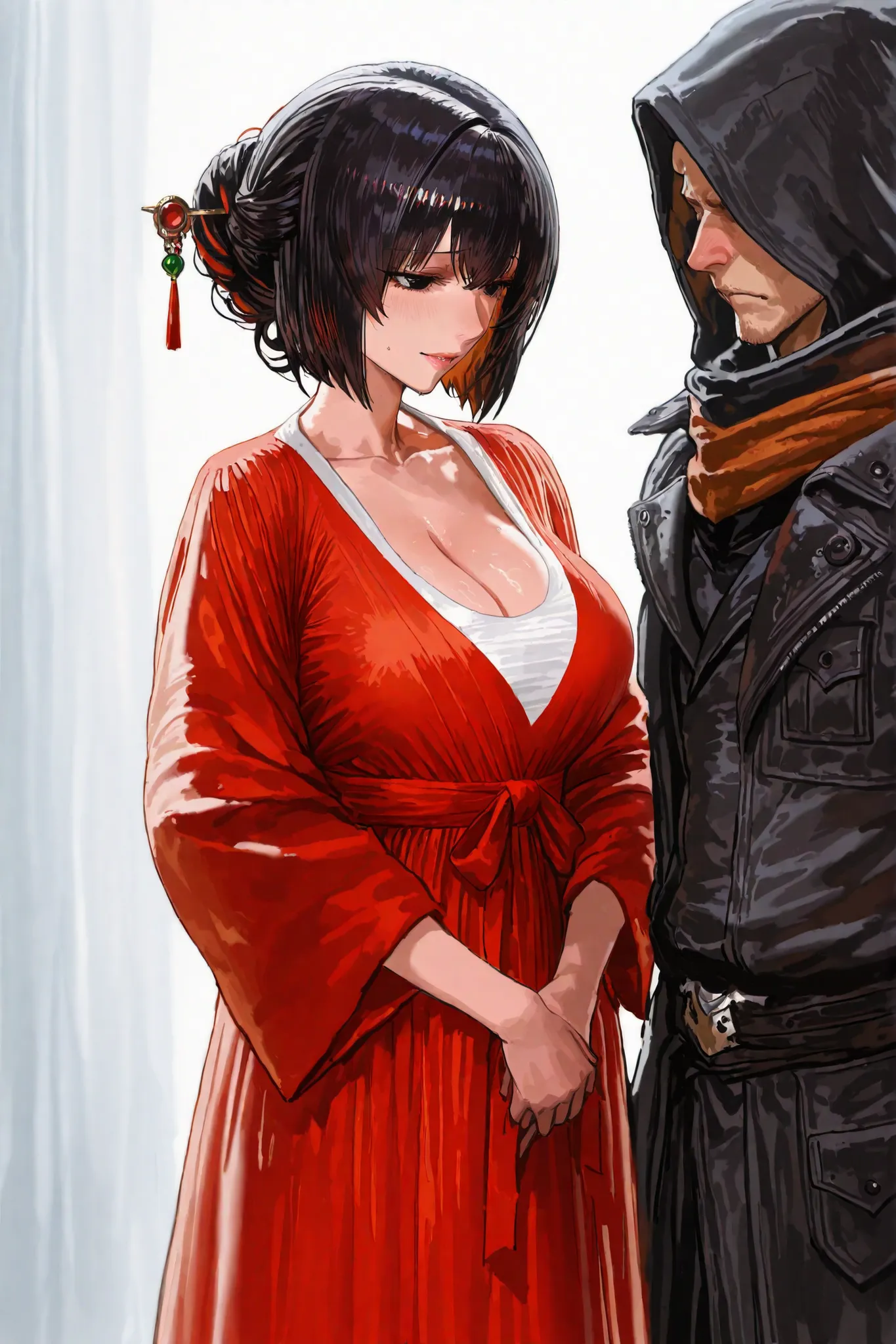 Mature women,beautiful , charming goddess , black hair,The hair carefully tied with a hairpin , White Hanfu,showing cleavage,beautiful black eyes,extremely detailed,Alta resolución,simple background, She wears a beautiful red dress and a tiara is called "C...