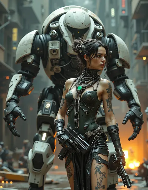 cinematographic photograph using rule of thirds and composition in planes Photo 3/ 4 takes over the entire body  , of a beautiful and very sexy young woman features of a Mexican woman with incomparable Latin beauty , top model, tattooed, Storm Trooper samu...